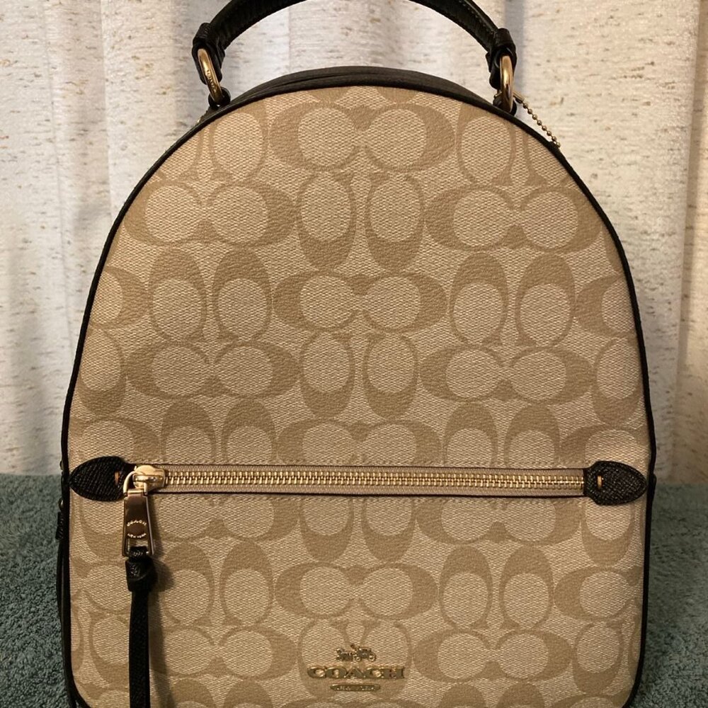 Coach Beige Signature Canvas Backpack with Black Trim and Gold Hardware